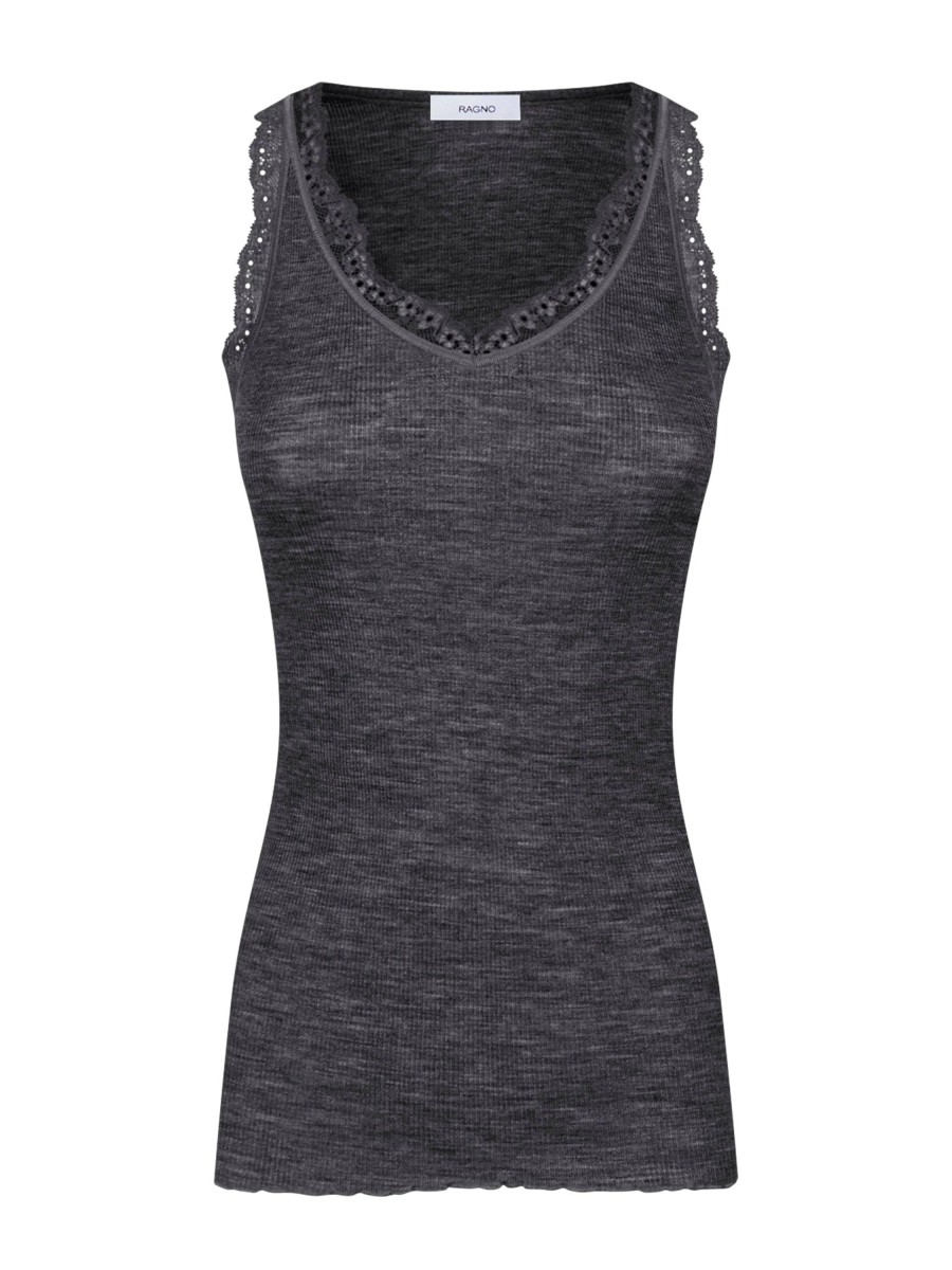 Top E Magliette | Ragno Merino Seta - Canottiera Scollo A V In Lana E Seta Con Pizzo - Ardesia Mel.