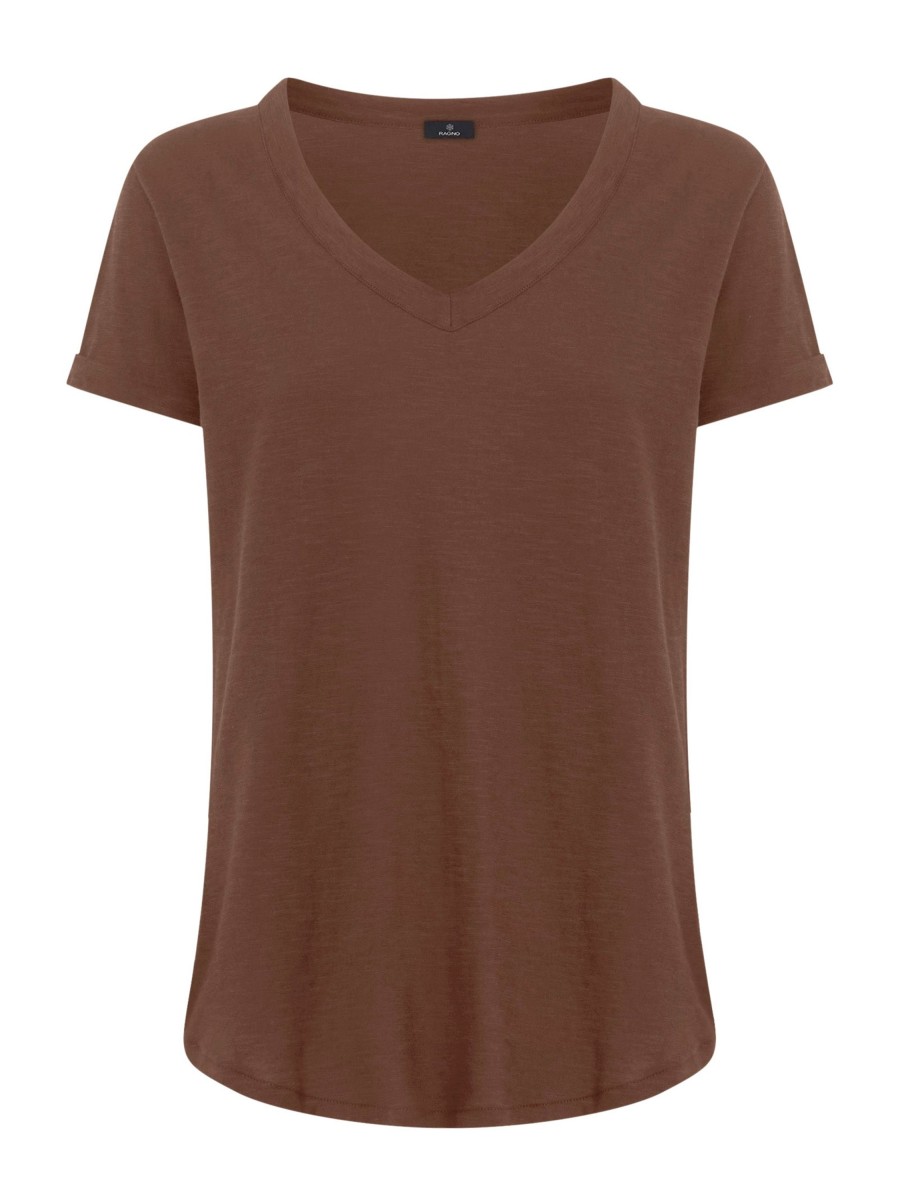 Magliette E T-Shirt | Ragno Maglietta Con Scollo A V In Slub Jersey Di Cotone - Cappuccino