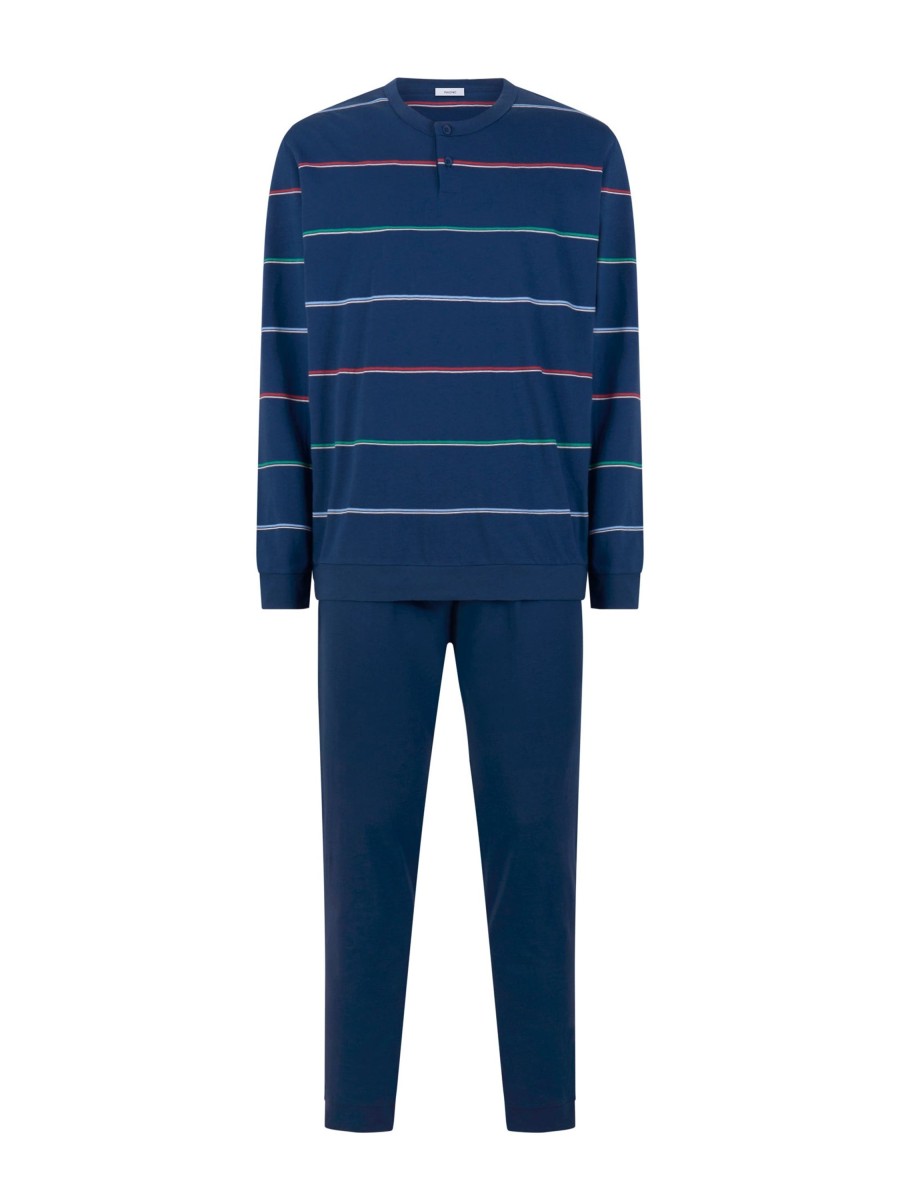 Pigiama Lungo | Ragno Pigiama A Serafino In Jersey Di Cotone - Fant. Righe Navy Peony